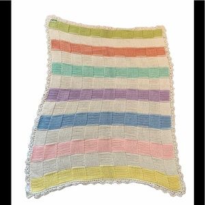 Vintage Grandma Crochet Knit Woven Blanket Throw Colorblock White Pink Yellow